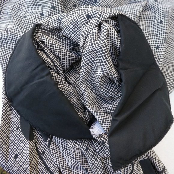 Vintage Secretary Beige Dress Black Geometric Leaf Design Puff Sleeves Pleated - Picture 8 of 10